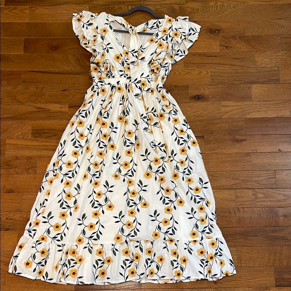 White Midi Dress with Yellow Floral Print